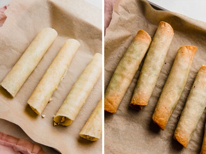 Rolled taquitos before and after cooking.