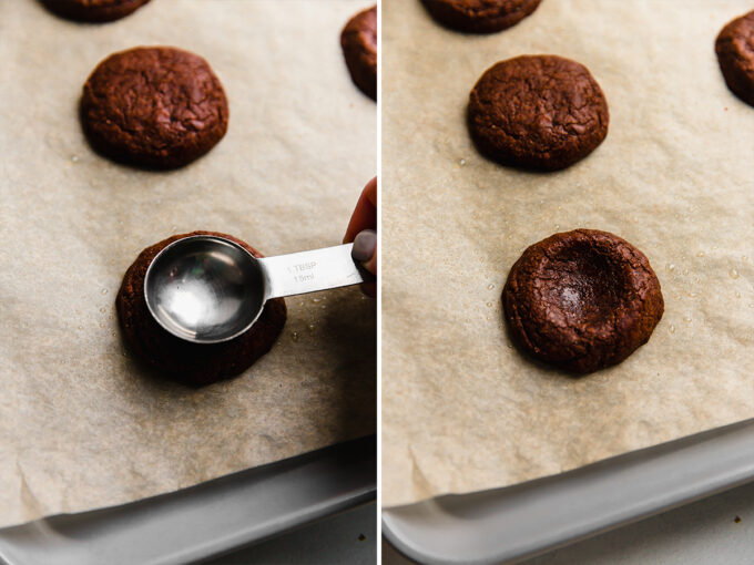 Forming the brownie cookies on a baking sheet before and after baking.
