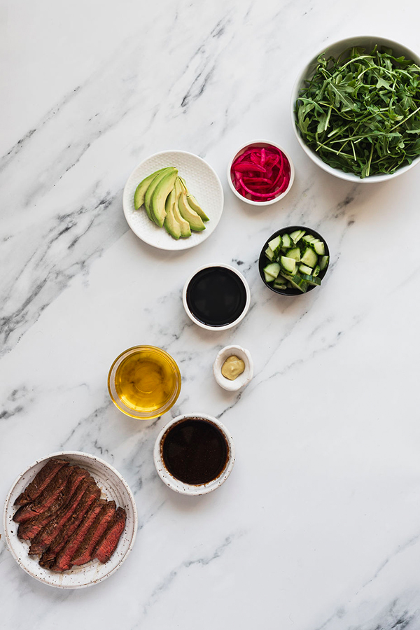 All the ingredients for balsamic steak salad.