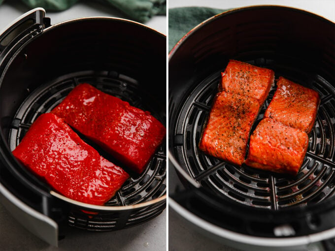 Salmon filets before and after cooking in the air fryer.