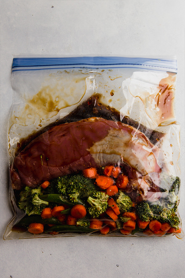 The freezer bag of slow cooker teriyaki pork tenderloin.