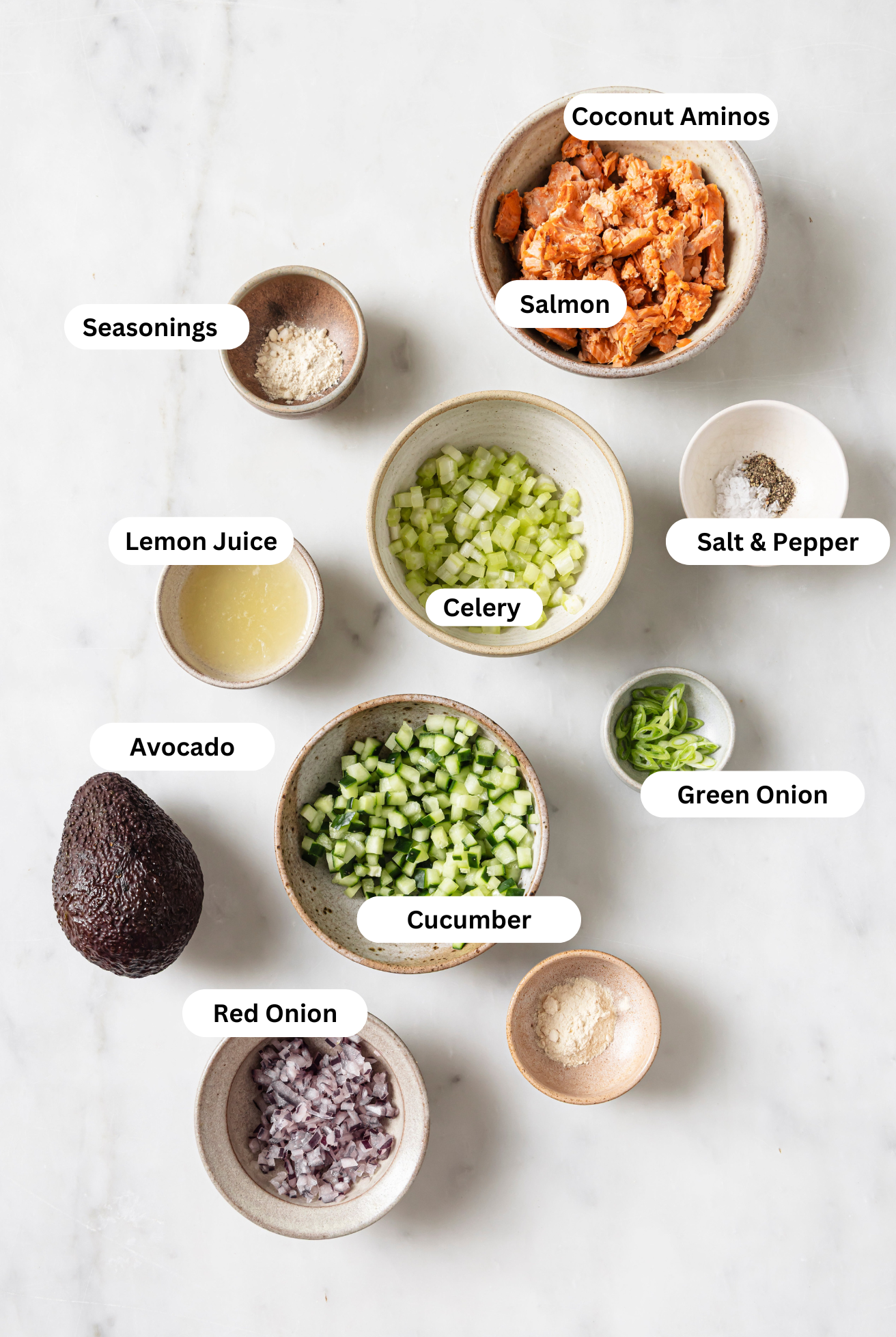 All the ingredients for the avocado salmon salad.