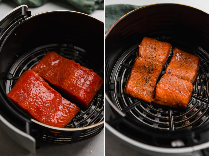 salmon cooking in the air fryer basket.
