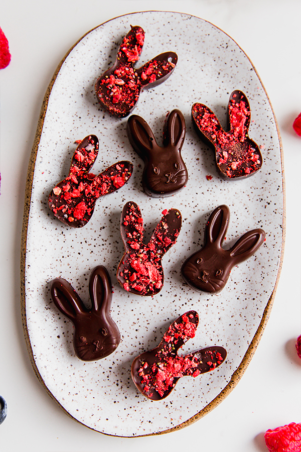 A plate of chocolate Easter bunnies.