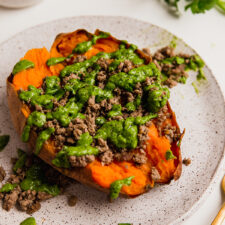 Ground Beef Stuffed Sweet Potato with Avocado Chimichurri