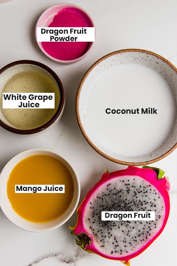 The ingredients for copycat Starbucks Dragon drink.
