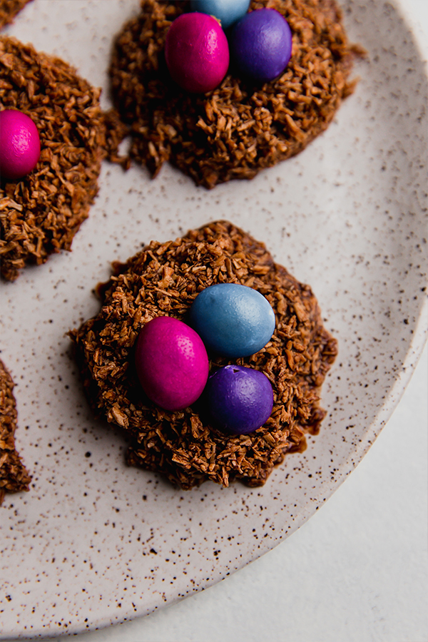 Chocolate Coconut Easter Egg Nests on a plate.