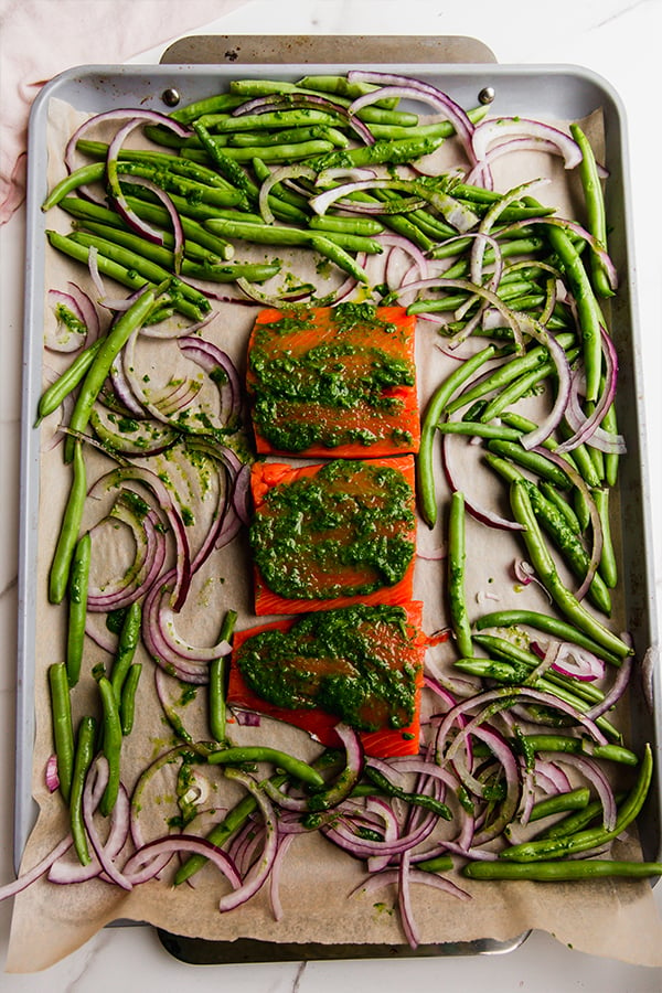 One pan salmon pesto before going in the oven.