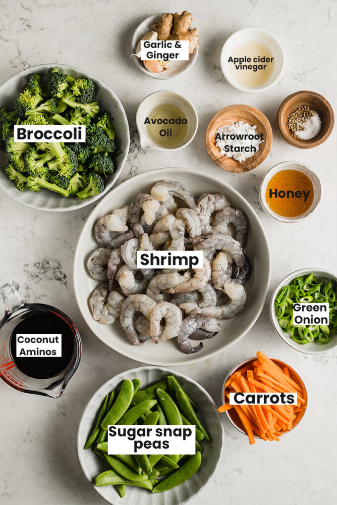 teriyaki shrimp ingredients in bowls.