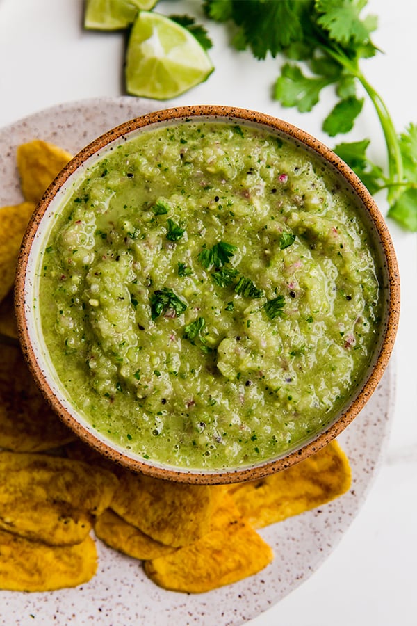 A bowl of AIP nightshade-free salsa verde with chips
