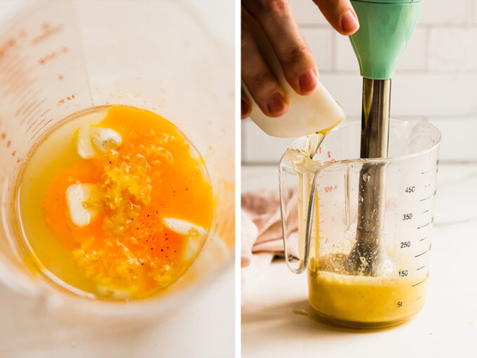 lemon aioli ingredients in a measuring cup and blended with an immersion blender.