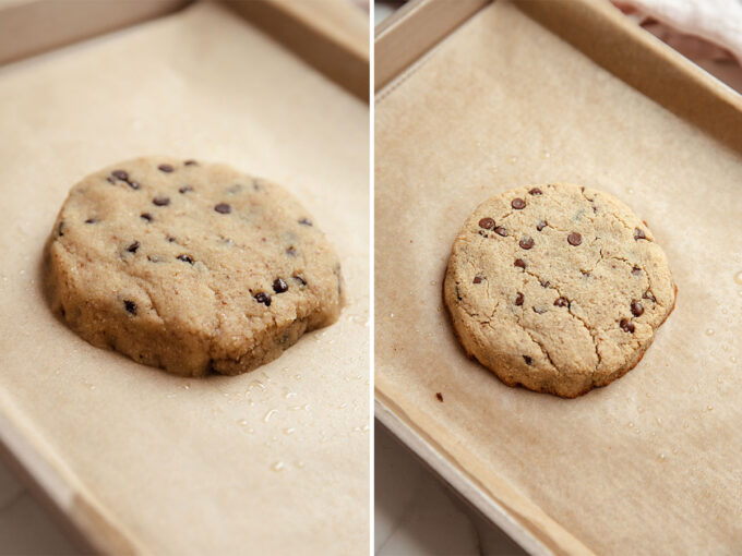 Cookie dough on a baking sheet before and after baking.