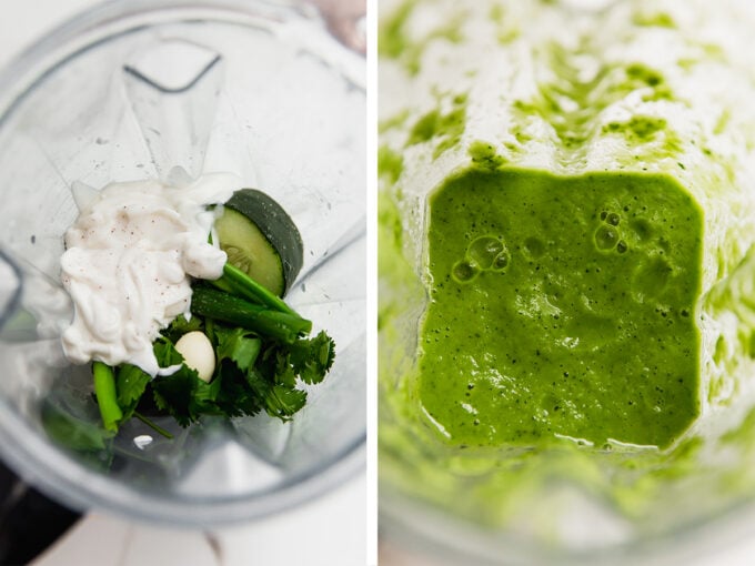 Blending the ingredients for cucumber gazpacho.