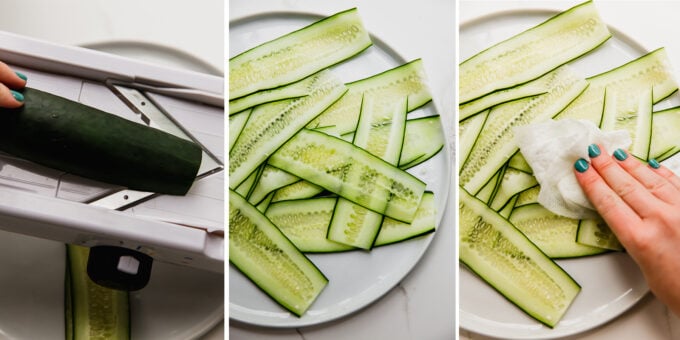 The steps of slicing the cucumber to make smoked salmon cucumber bagel rolls.