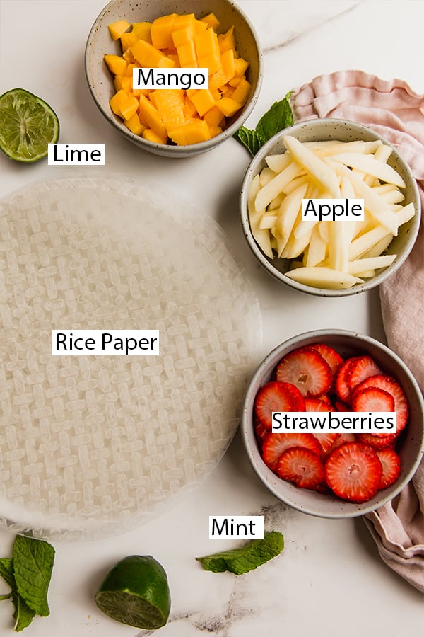 The ingredients for fruit spring rolls.