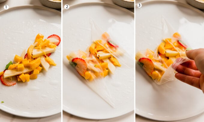 The steps of rolling a fruit spring rolls.