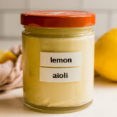 Glass jar with a red lid labeled "lemon aioli."