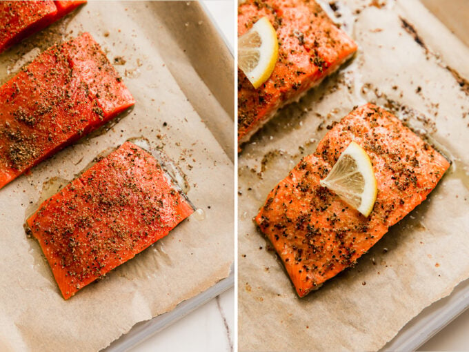 A baking sheet with lemon pepper salmon before and after baking.