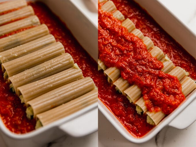 Gluten-free manicotti going into a baking dish.