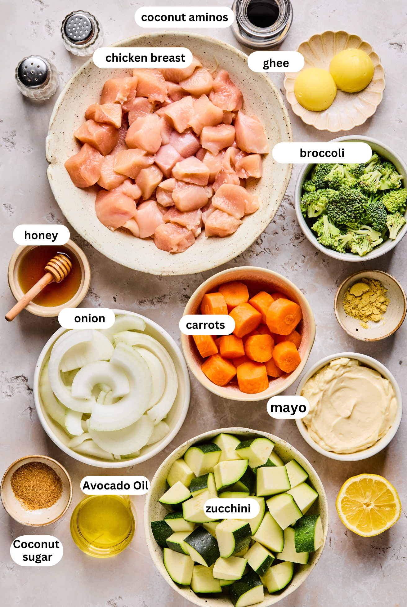 Hibachi chicken ingredients in separate bowls. 