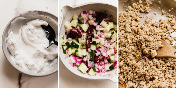 Mixing all the ingredients for healthy Greek-inspired ground chicken bowls.