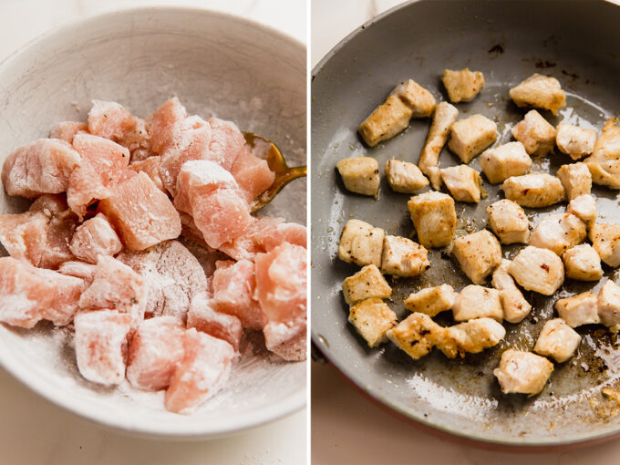 Chicken breast cubes sauted in a pan.
