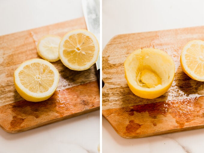Lemons before and after scooping the center out.