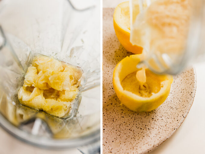 Blending lemon sorbet in a blender and poured into lemon rind.