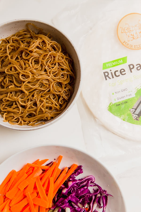 The ingredients for crispy ramen rice paper rolls.