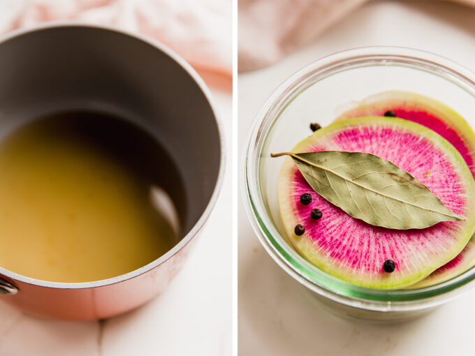 side by side photos of watermelon radish in a jar and pickling liquid in a pot.