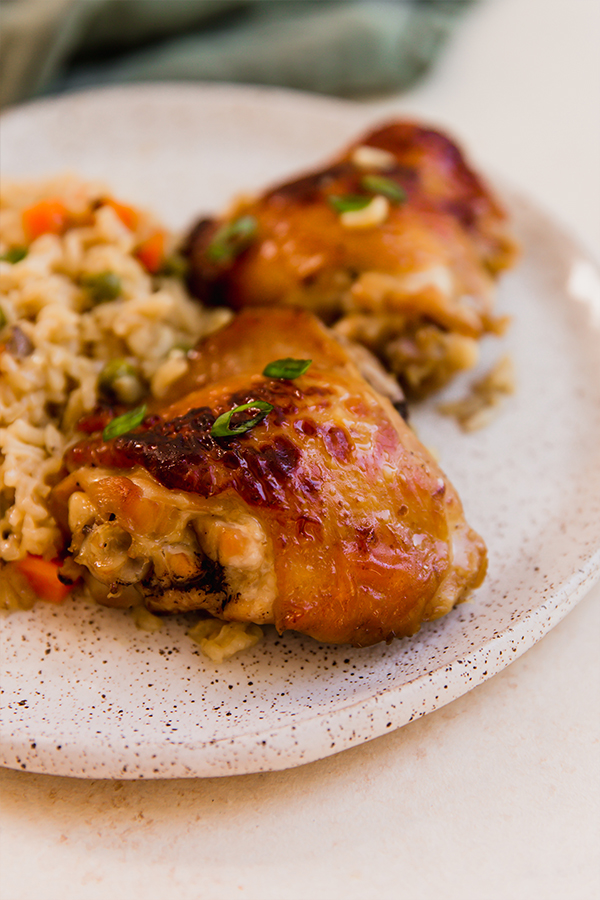A plate with Asian-inspired chicken & rice.
