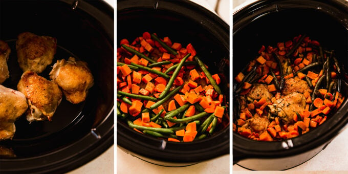 A slow cooker filled with chicken and vegetables to prepare to cook.