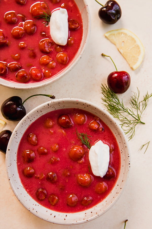 A bowl of cold cherry soup.