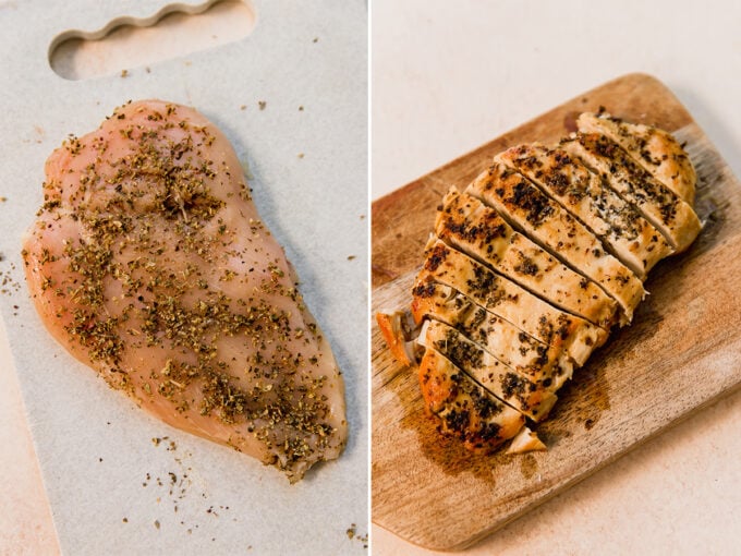 Chicken before and after cooking.