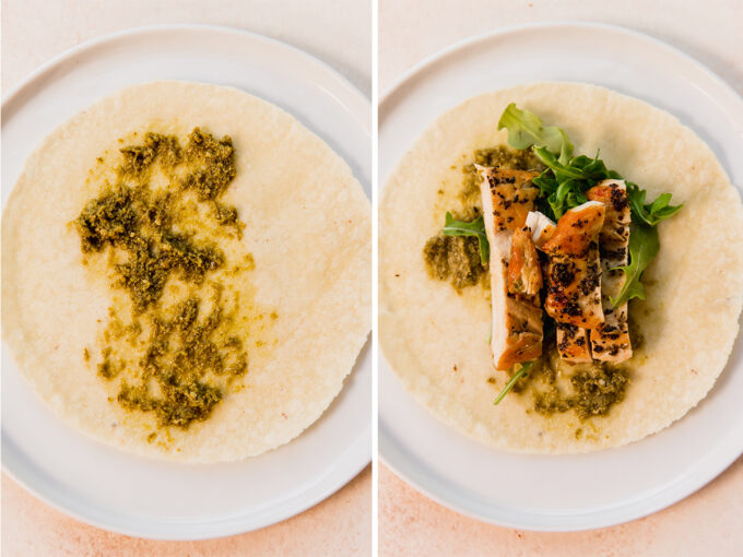 The steps of making the gluten-free chicken pesto wrap, before adding the chicken and after.