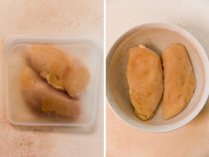 Chicken breasts in a bag and in a bowl.