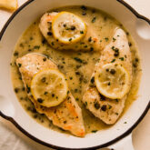 Creamy chicken piccata in a pan.