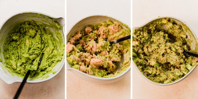 The steps to make avocado tuna salad.