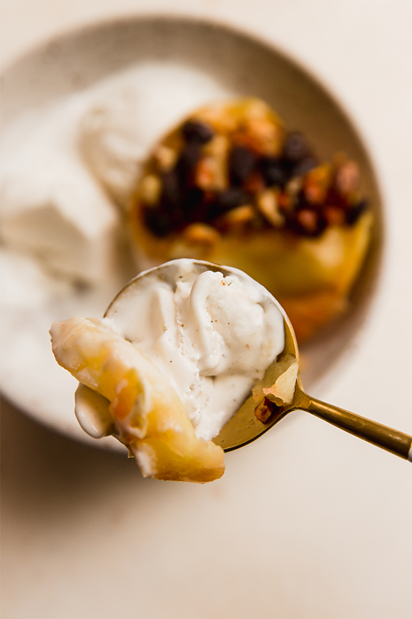 A spoonful of air fryer "baked" apples and ice cream