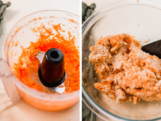 Shredded sweet potato in a food processor and the sweet potato-apple-sausage mixture.