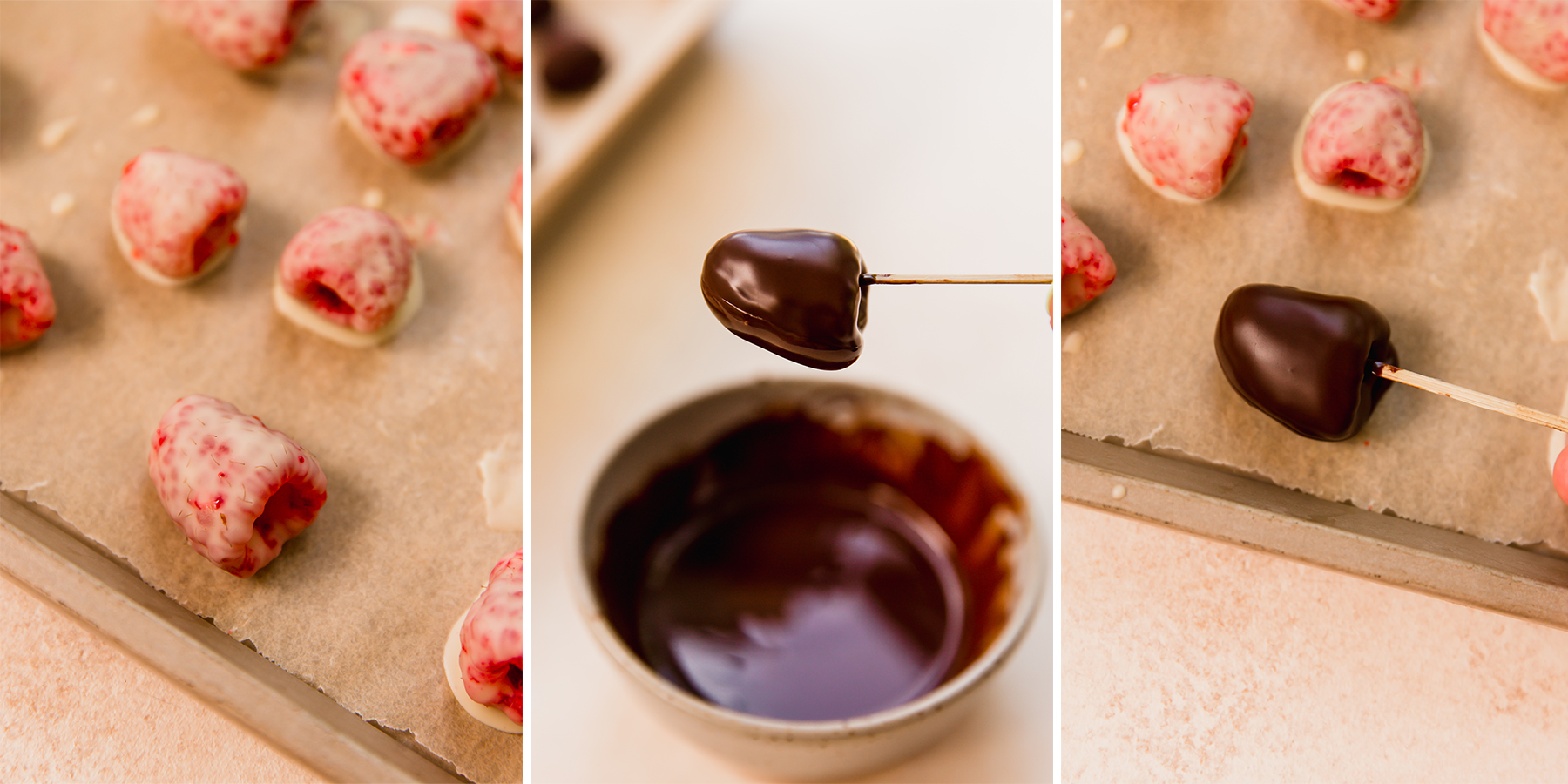 The step-by-step photos of making chocolate frozen raspberries.