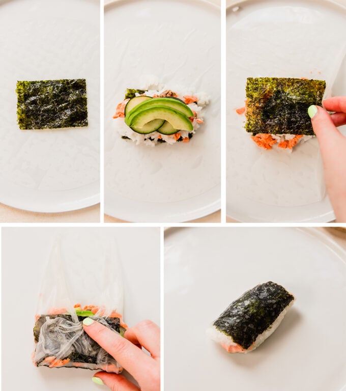 The steps of making sushi inspired salmon rice paper rolls.