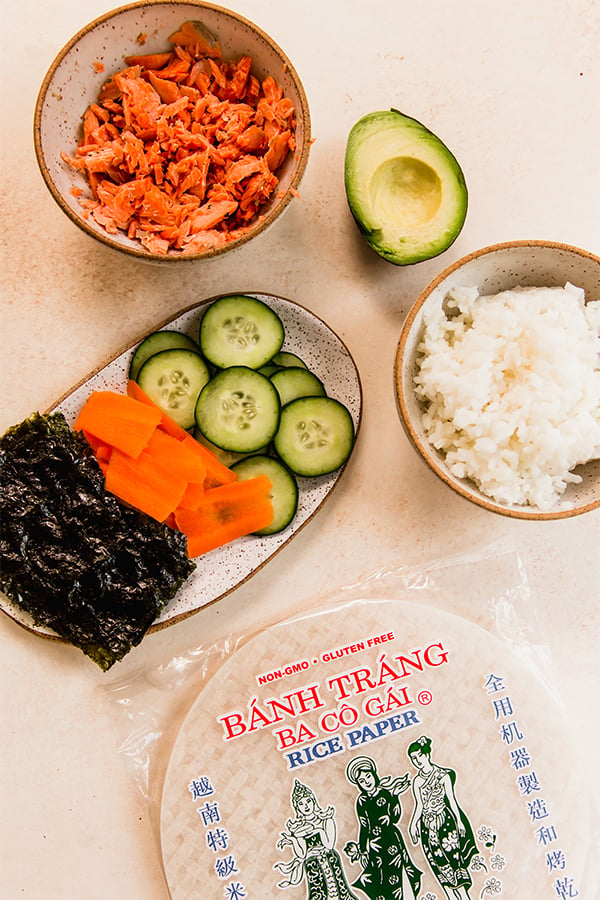 The ingredients for sushi-inspired salmon rice paper rolls
