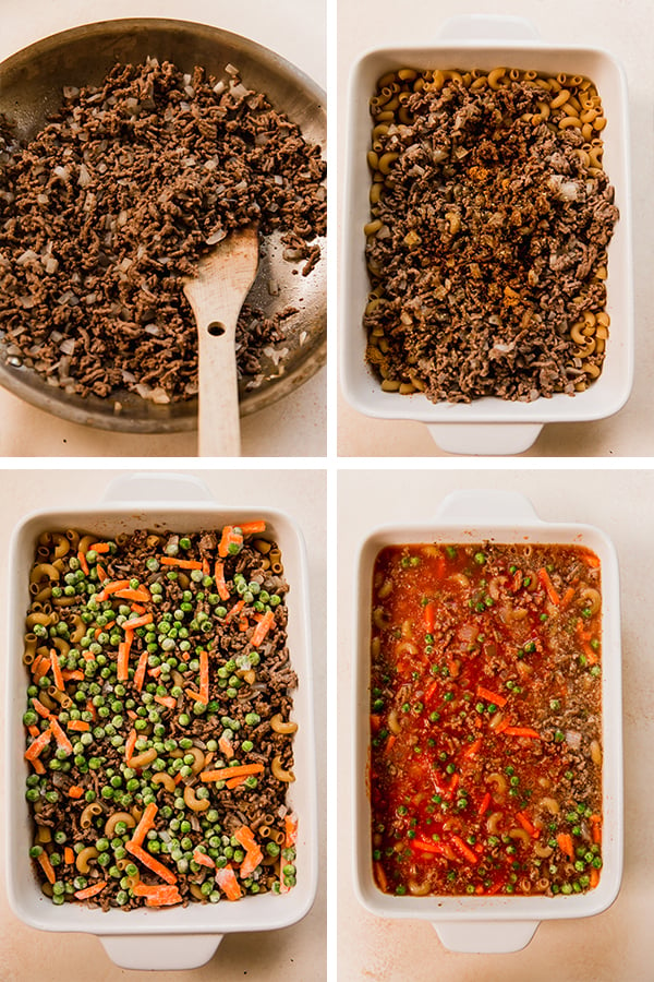 The step-by-step photos of making the sloppy joe pasta casserole.