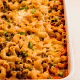 Sloppy Joe pasta casserole in a baking dish.