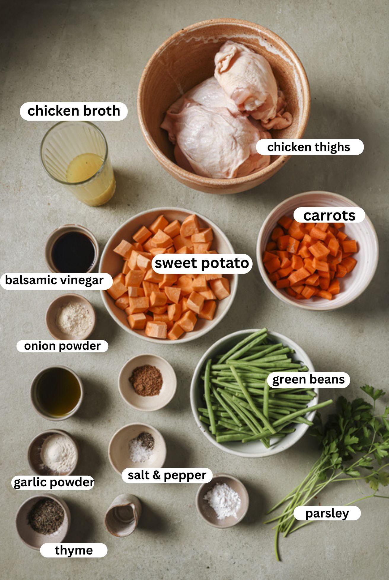 all ingredients for slow cooker balsamic chicken, separated and in bowls