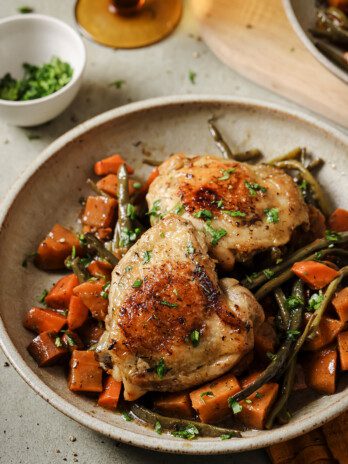 Slow cooker balsamic chicken and veggies in a bowl.