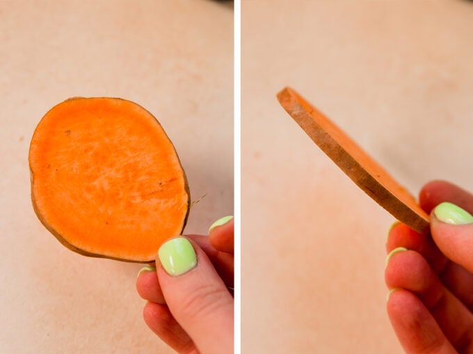 A slice of sweet potato ready to make sweet potato nachos.