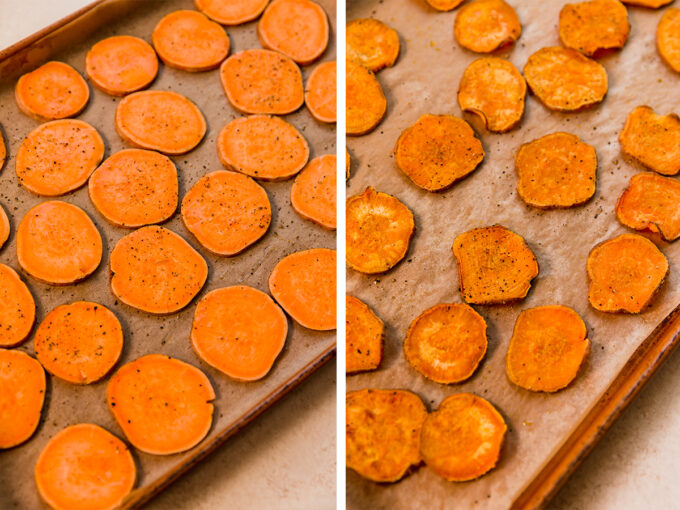 A tray of sliced sweet potatoes before and after baking.