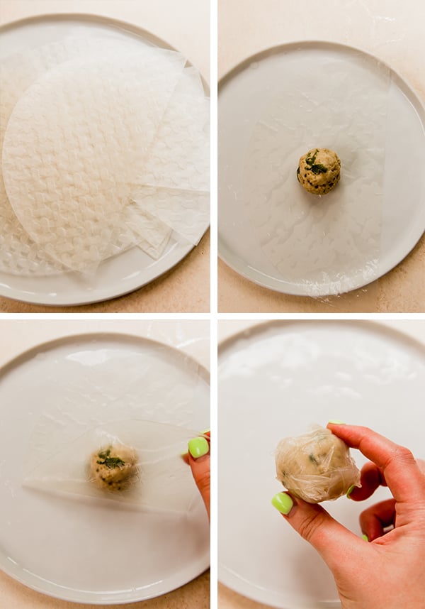 Step by step of wrapping the dumplings in rice paper.
